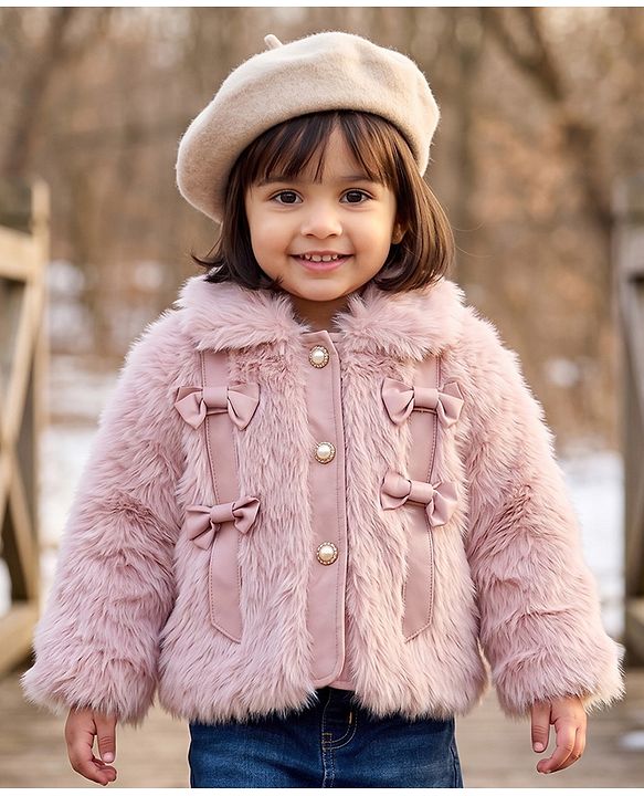 Babyhug Woven Full Sleeves Fur Jacket with Bow Applique - Pink