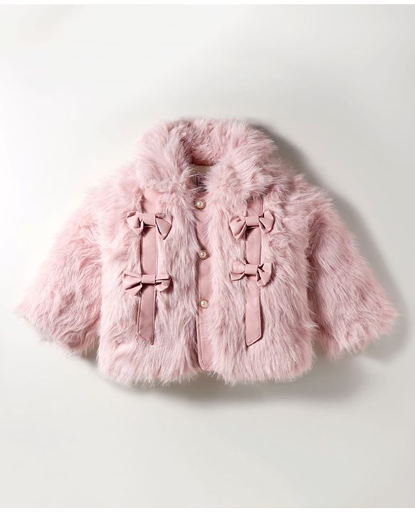 Babyhug Woven Full Sleeves Fur Jacket with Bow Applique - Pink