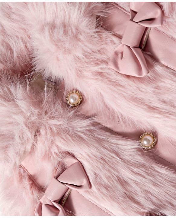 Babyhug Woven Full Sleeves Fur Jacket with Bow Applique - Pink