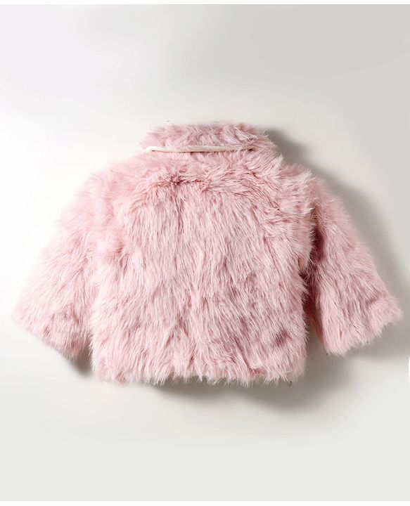 Babyhug Woven Full Sleeves Fur Jacket with Bow Applique - Pink