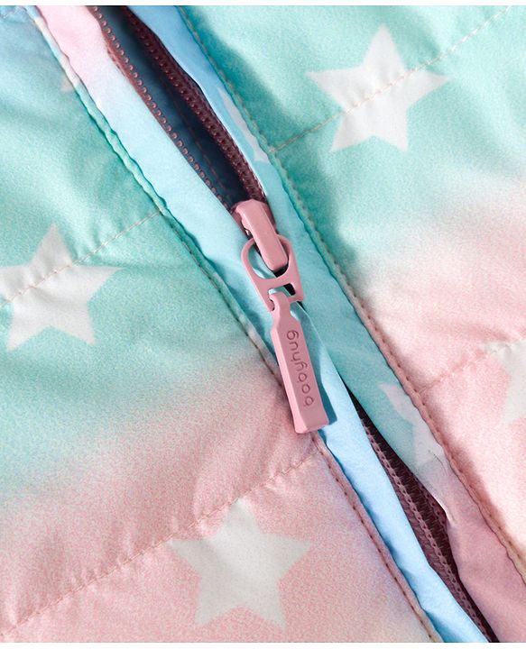 Babyhug Woven Full Sleeves Hooded Padded Jacket With Ear Applique & Star Print - Multicolour