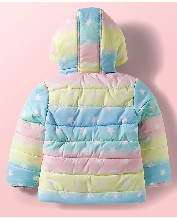 Babyhug Woven Full Sleeves Hooded Padded Jacket With Ear Applique & Star Print - Multicolour