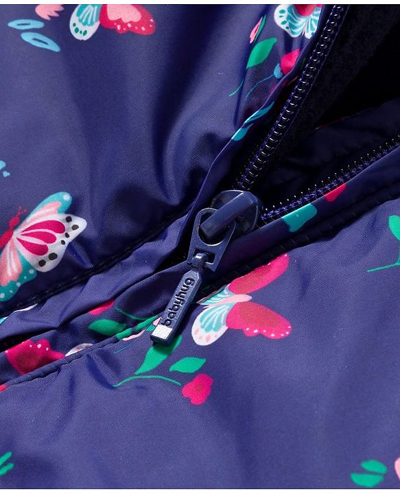 Babyhug Woven Full Sleeves Hooded Padded Jacket With Floral Print - Navy Blue