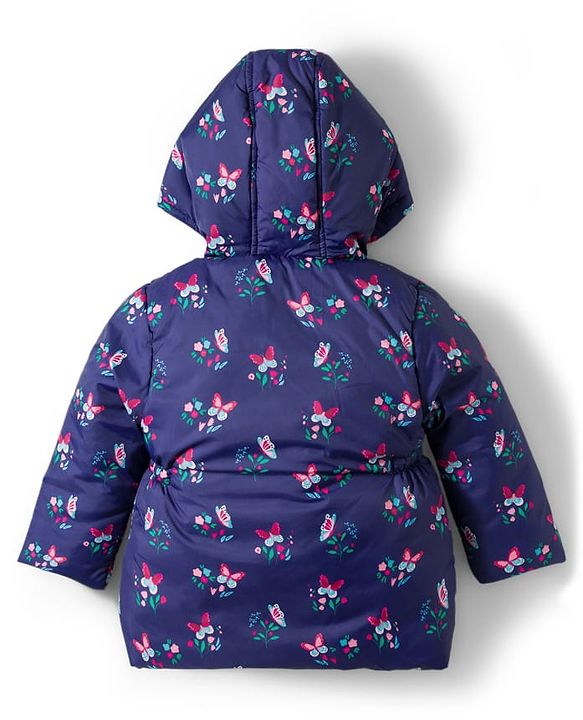 Babyhug Woven Full Sleeves Hooded Padded Jacket With Floral Print - Navy Blue