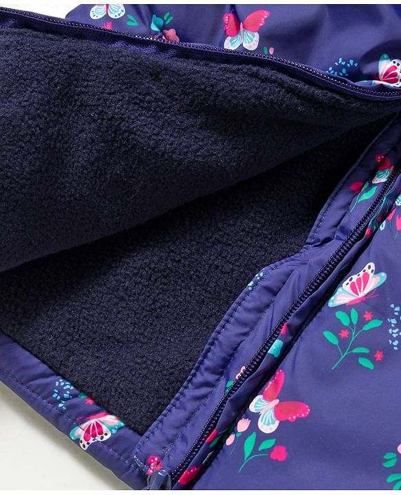 Babyhug Woven Full Sleeves Hooded Padded Jacket With Floral Print - Navy Blue