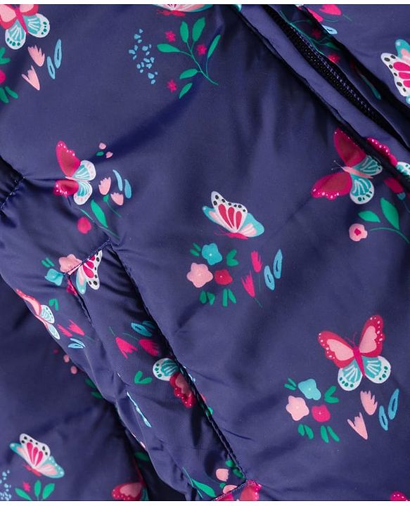 Babyhug Woven Full Sleeves Hooded Padded Jacket With Floral Print - Navy Blue