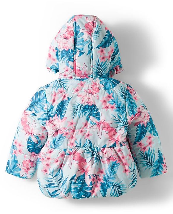Babyhug Woven Full Sleeves Hooded Padded Jacket with Floral Print & Bow Applique - Pink & Blue