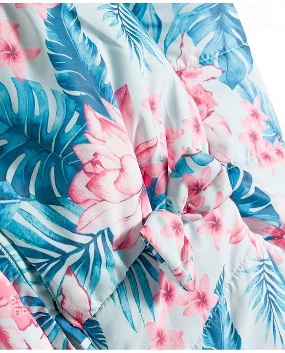 Babyhug Woven Full Sleeves Hooded Padded Jacket with Floral Print & Bow Applique - Pink & Blue