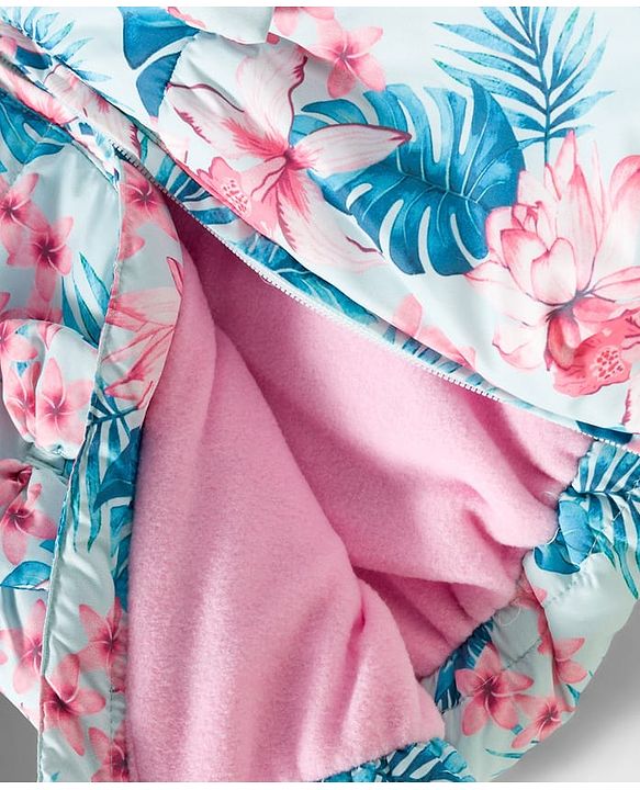 Babyhug Woven Full Sleeves Hooded Padded Jacket with Floral Print & Bow Applique - Pink & Blue