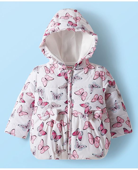 Babyhug Woven Full Sleeves Hooded Padded Jacket with Butterfly Print & Bow Applique - White