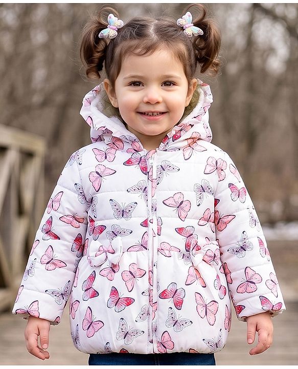 Babyhug Woven Full Sleeves Hooded Padded Jacket with Butterfly Print & Bow Applique - White