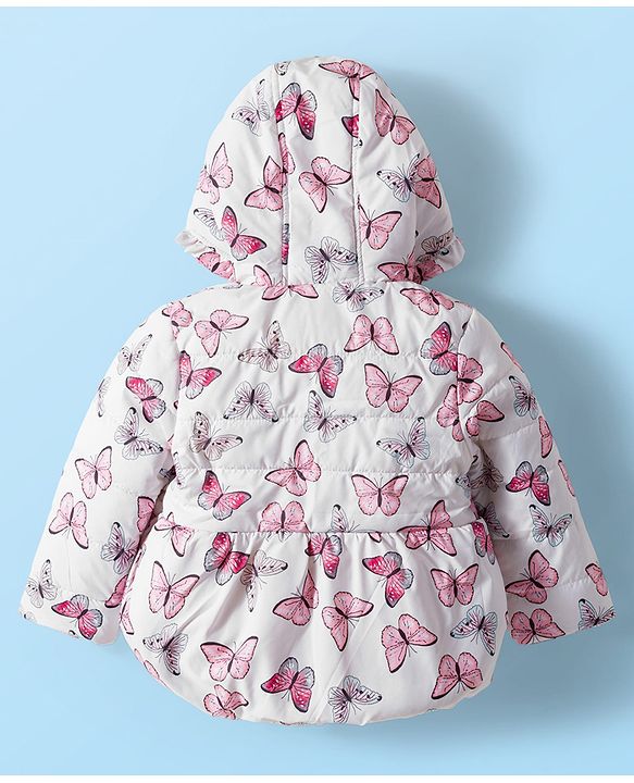 Babyhug Woven Full Sleeves Hooded Padded Jacket with Butterfly Print & Bow Applique - White