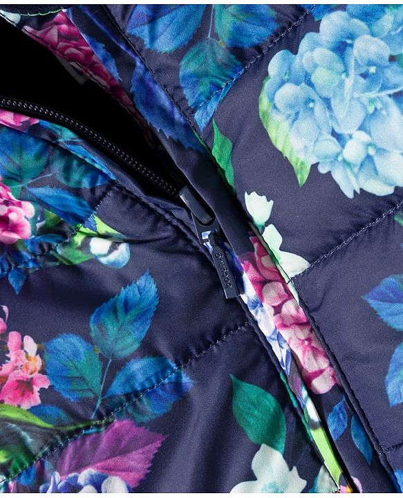 Babyhug Woven Full Sleeves Hooded Padded Jacket With Floral Print & Bow Applique - Navy Blue