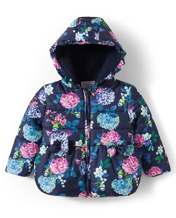 Babyhug Woven Full Sleeves Hooded Padded Jacket With Floral Print & Bow Applique - Navy Blue