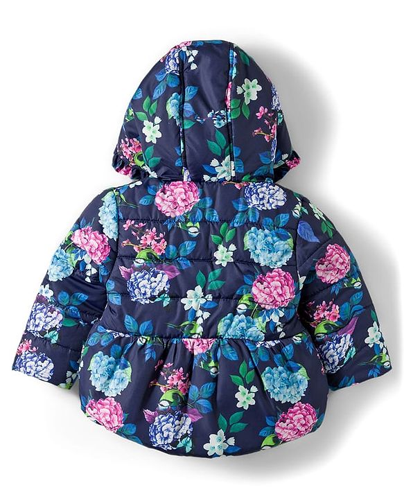 Babyhug Woven Full Sleeves Hooded Padded Jacket With Floral Print & Bow Applique - Navy Blue