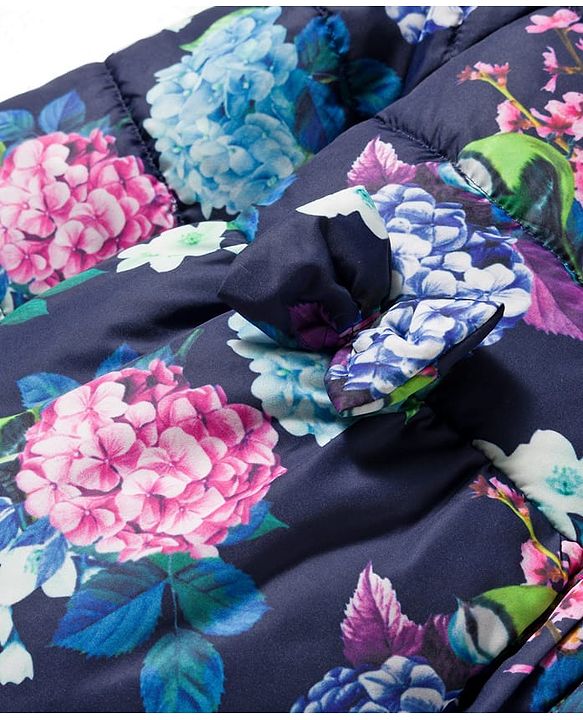 Babyhug Woven Full Sleeves Hooded Padded Jacket With Floral Print & Bow Applique - Navy Blue