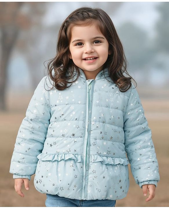 Babyhug Woven Full Sleeves Hooded Padded Jacket With Foil Star Print - Aqua Blue