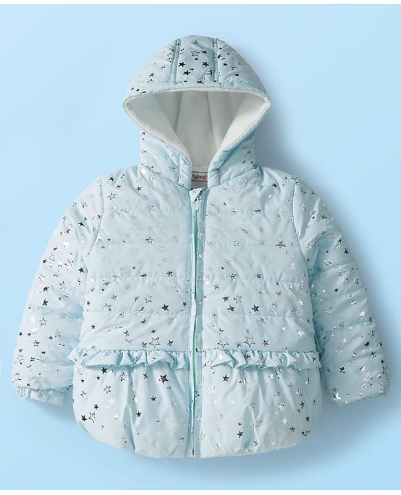 Babyhug Woven Full Sleeves Hooded Padded Jacket With Foil Star Print - Aqua Blue