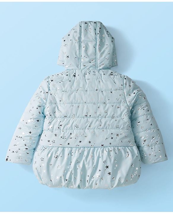 Babyhug Woven Full Sleeves Hooded Padded Jacket With Foil Star Print - Aqua Blue