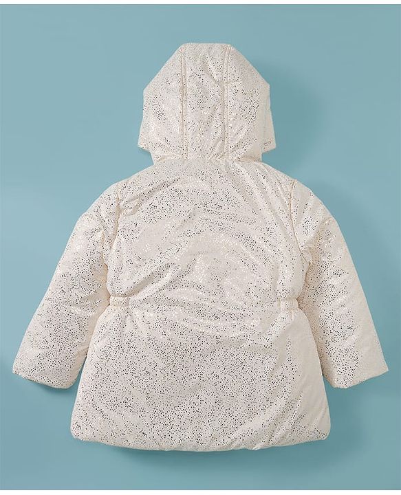 Babyhug Woven Full Sleeves Hooded Padded Jacket With Glitter Print - White