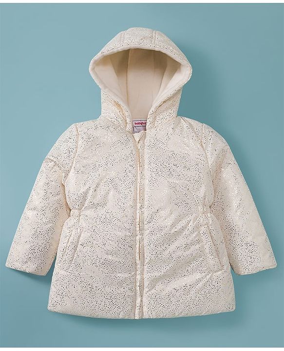 Babyhug Woven Full Sleeves Hooded Padded Jacket With Glitter Print - White