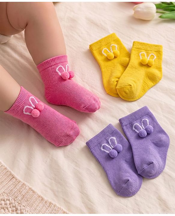 Cute Walk by Babyhug Knit Ankle Length Socks with 3D Pompom Applique Pack of 3 - Multicolor