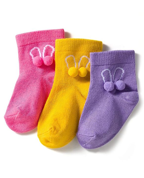 Cute Walk by Babyhug Knit Ankle Length Socks with 3D Pompom Applique Pack of 3 - Multicolor