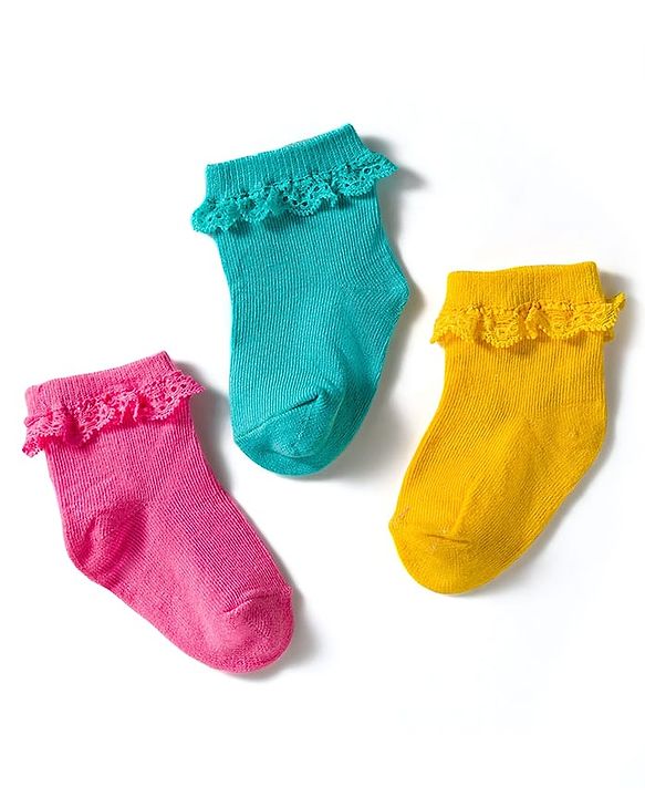 Cute Walk by Babyhug Knit Ankle Length Socks with 3D Lace Detailing Pack of 3 - Multicolor