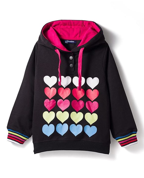 Pine Kids Looper Knit Full Sleeves Winter Wear Hooded Sweatshirt & Lounge Pant Set with Heart Print - Black & Dark Pink