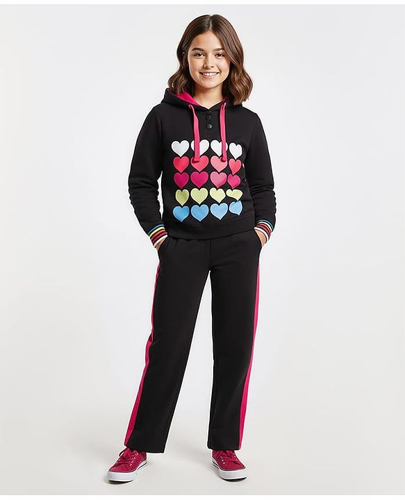 Pine Kids Looper Knit Full Sleeves Winter Wear Hooded Sweatshirt & Lounge Pant Set with Heart Print - Black & Dark Pink