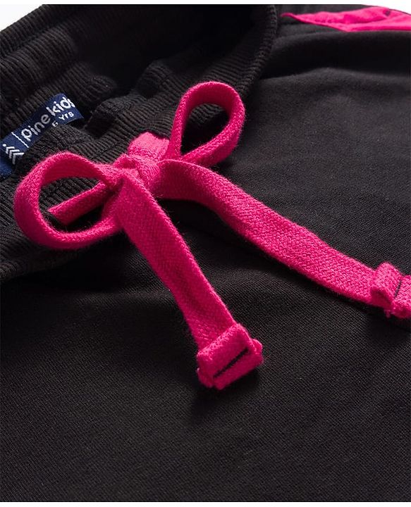 Pine Kids Looper Knit Full Sleeves Winter Wear Hooded Sweatshirt & Lounge Pant Set with Heart Print - Black & Dark Pink