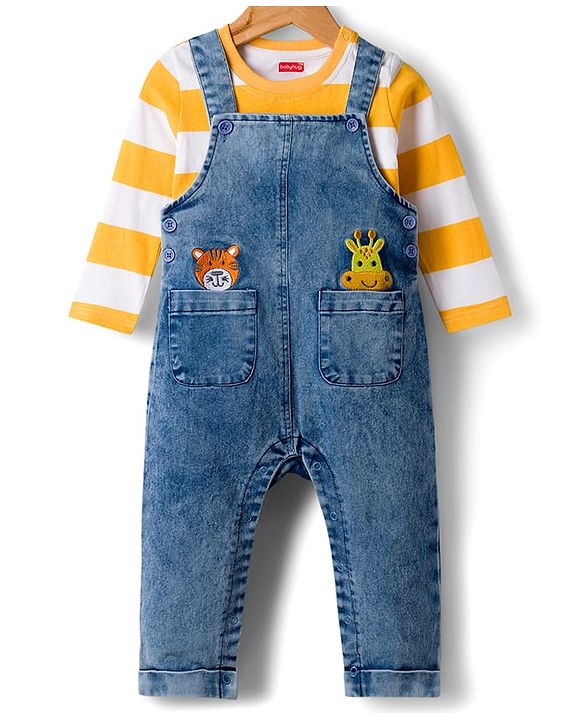 Babyhug Denim Dungaree & Single Jersey Knit Full Sleeves Striped Inner Tee With Animal Embroidery - Blue Yellow & White