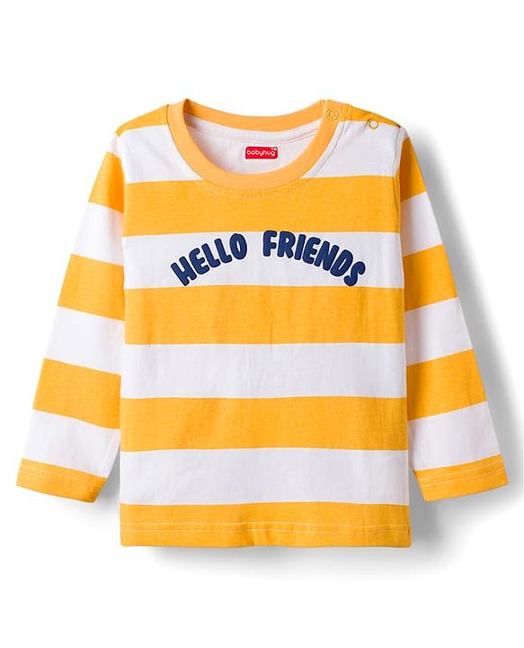 Babyhug Denim Dungaree & Single Jersey Knit Full Sleeves Striped Inner Tee With Animal Embroidery - Blue Yellow & White