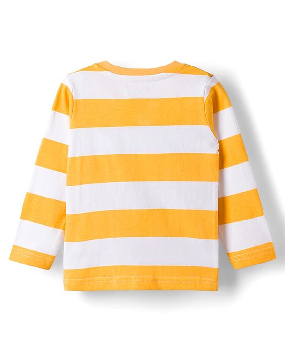 Babyhug Denim Dungaree & Single Jersey Knit Full Sleeves Striped Inner Tee With Animal Embroidery - Blue Yellow & White