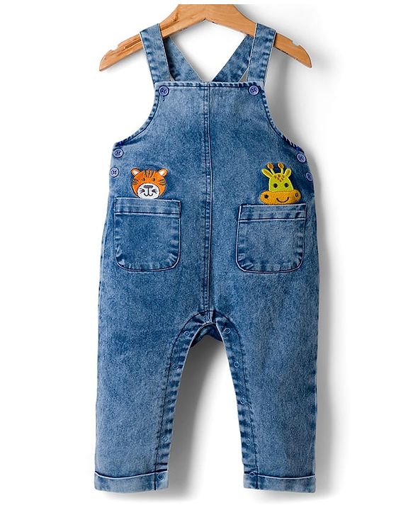Babyhug Denim Dungaree & Single Jersey Knit Full Sleeves Striped Inner Tee With Animal Embroidery - Blue Yellow & White