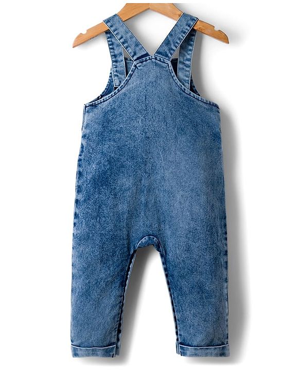 Babyhug Denim Dungaree & Single Jersey Knit Full Sleeves Striped Inner Tee With Animal Embroidery - Blue Yellow & White