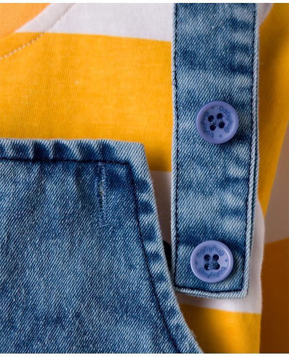 Babyhug Denim Dungaree & Single Jersey Knit Full Sleeves Striped Inner Tee With Animal Embroidery - Blue Yellow & White