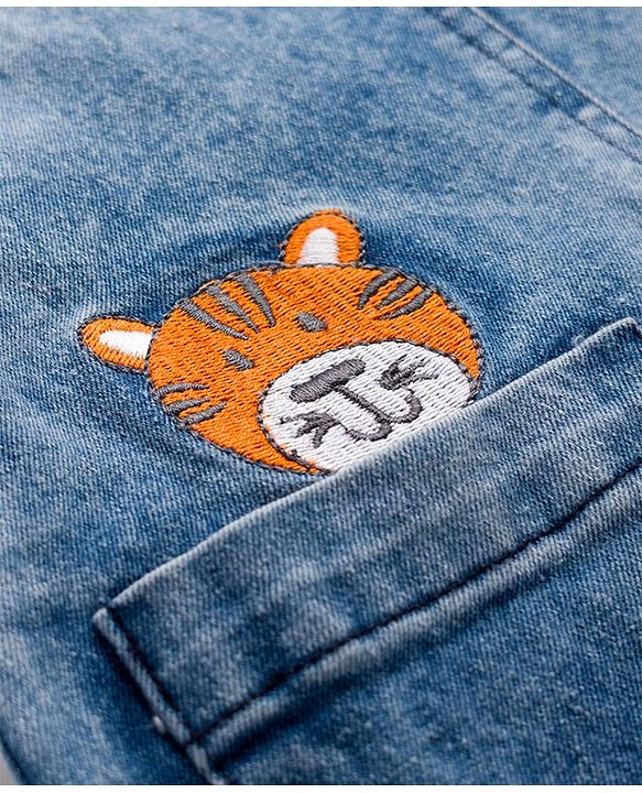Babyhug Denim Dungaree & Single Jersey Knit Full Sleeves Striped Inner Tee With Animal Embroidery - Blue Yellow & White