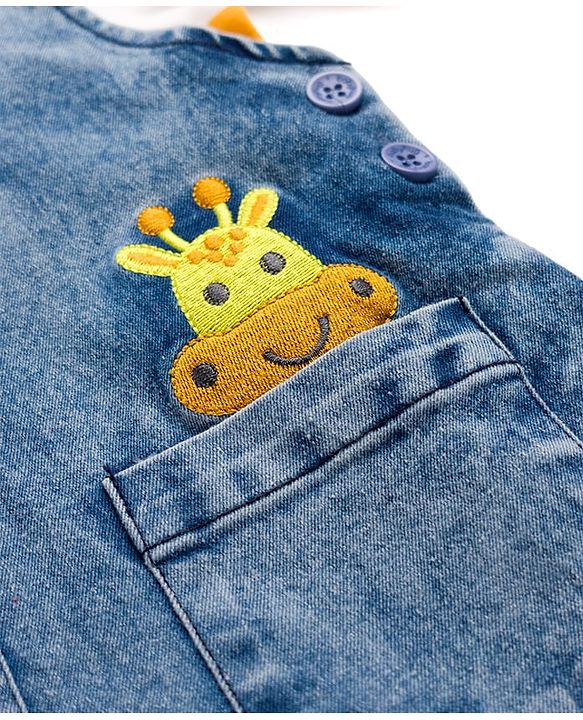Babyhug Denim Dungaree & Single Jersey Knit Full Sleeves Striped Inner Tee With Animal Embroidery - Blue Yellow & White