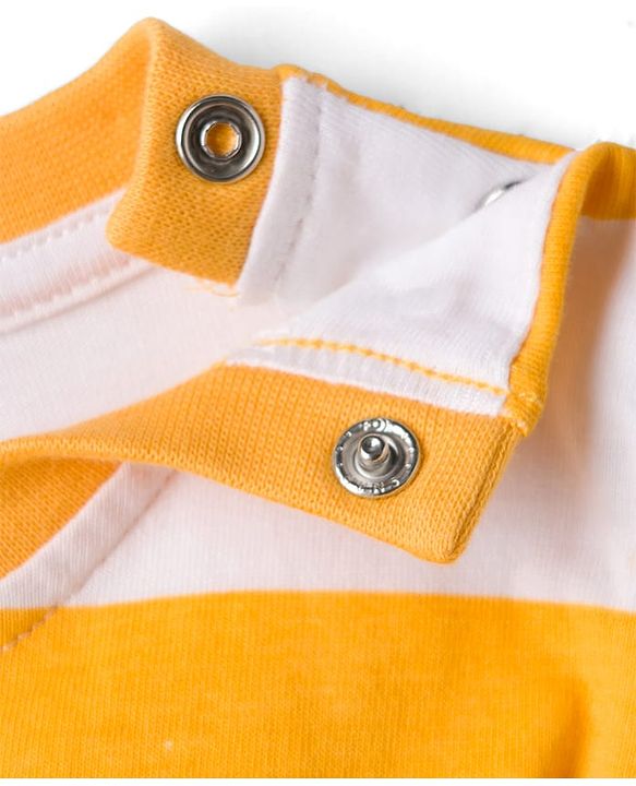 Babyhug Denim Dungaree & Single Jersey Knit Full Sleeves Striped Inner Tee With Animal Embroidery - Blue Yellow & White