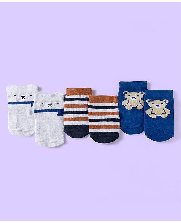 Cute Walk by Babyhug Knit Ankle Length Anti Bacterial Socks with Teddy & Stripe Design Pack of 3 - Navy Blue & White