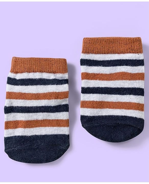Cute Walk by Babyhug Knit Ankle Length Anti Bacterial Socks with Teddy & Stripe Design Pack of 3 - Navy Blue & White