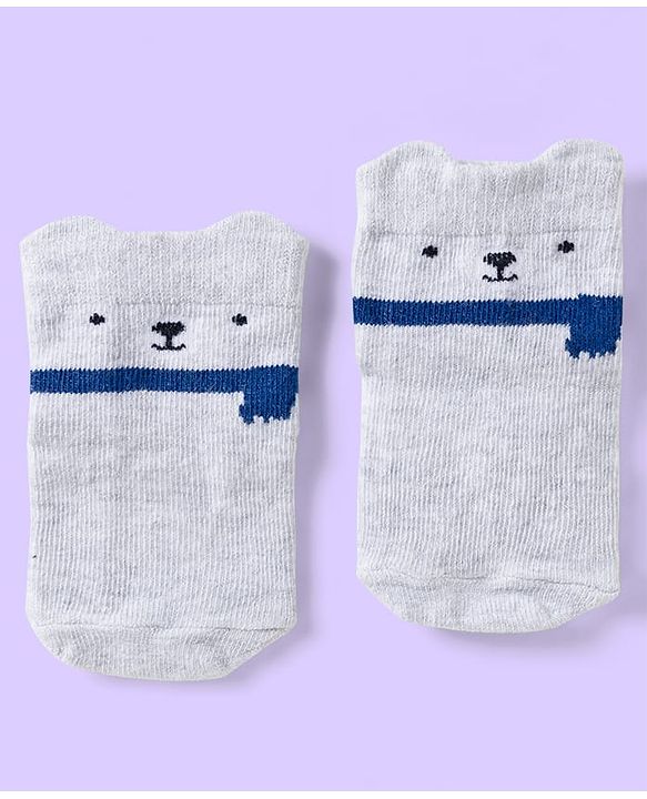 Cute Walk by Babyhug Knit Ankle Length Anti Bacterial Socks with Teddy & Stripe Design Pack of 3 - Navy Blue & White
