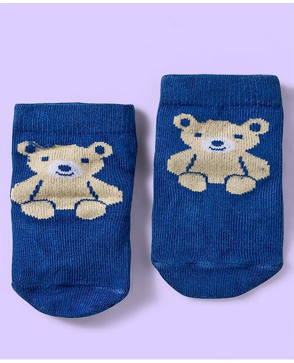 Cute Walk by Babyhug Knit Ankle Length Anti Bacterial Socks with Teddy & Stripe Design Pack of 3 - Navy Blue & White