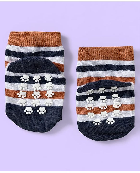 Cute Walk by Babyhug Knit Ankle Length Anti Bacterial Socks with Teddy & Stripe Design Pack of 3 - Navy Blue & White