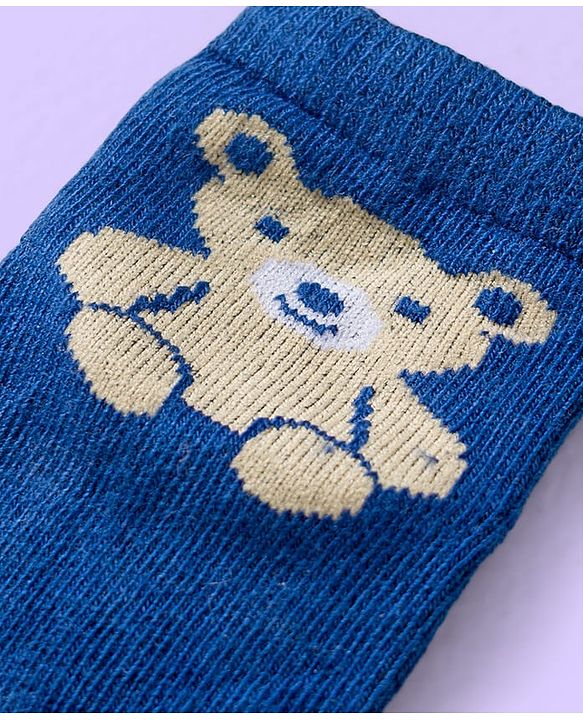 Cute Walk by Babyhug Knit Ankle Length Anti Bacterial Socks with Teddy & Stripe Design Pack of 3 - Navy Blue & White