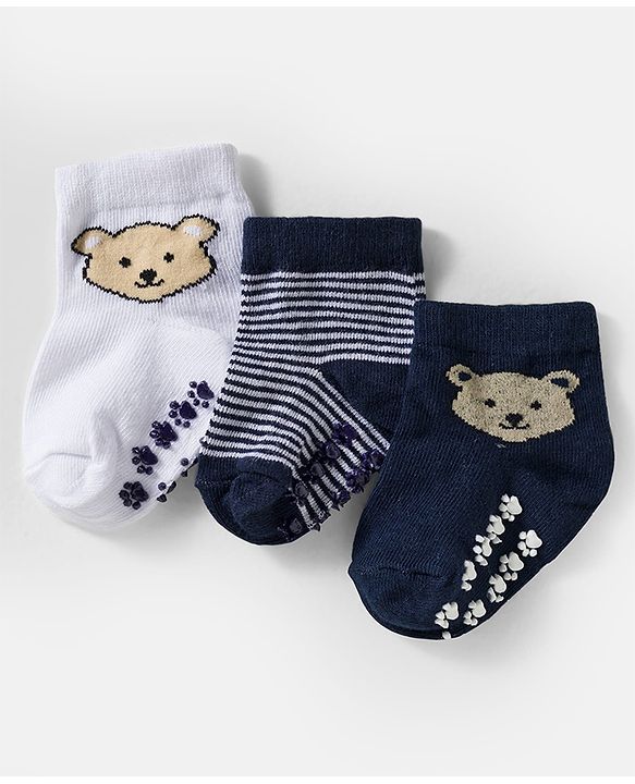 Cute Walk by Babyhug Knit Ankle Length Anti Bacterial Anti Skid Socks with Stripes & Animal Design Pack of 3 - White & Navy Blue