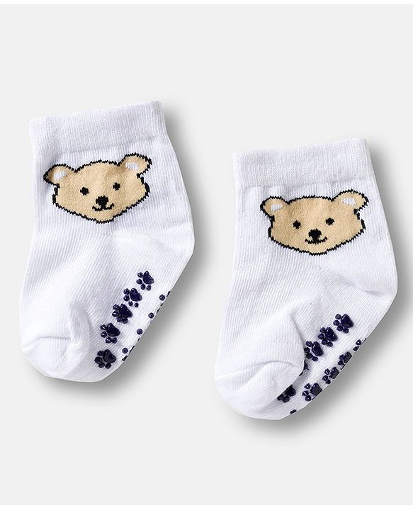 Cute Walk by Babyhug Knit Ankle Length Anti Bacterial Anti Skid Socks with Stripes & Animal Design Pack of 3 - White & Navy Blue