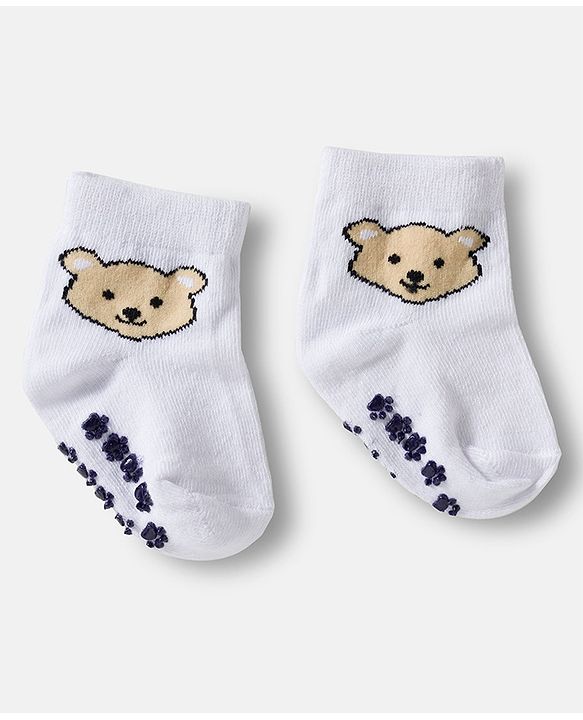 Cute Walk by Babyhug Knit Ankle Length Anti Bacterial Anti Skid Socks with Stripes & Animal Design Pack of 3 - White & Navy Blue