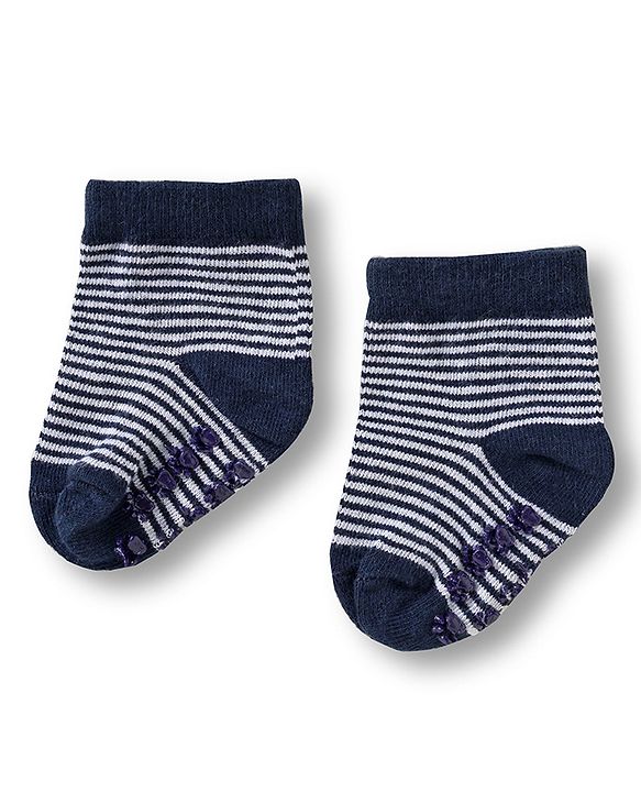 Cute Walk by Babyhug Knit Ankle Length Anti Bacterial Anti Skid Socks with Stripes & Animal Design Pack of 3 - White & Navy Blue